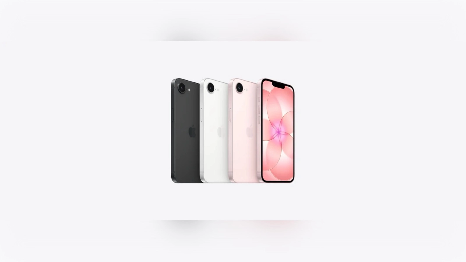 iPhone 17e in Soft Pink color option displayed at angle showing the 6.1-inch display with notch, single rear camera lens, and Ceramic Shield 2 glass, Apple's new budget iPhone starting at $599