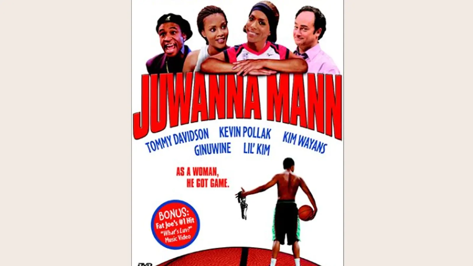 Miguel A. Núñez Jr. as Juwanna Mann on the basketball court in a teal and yellow Charlotte Banshees jersey, surrounded by early 2000s WNBA-style arena branding.