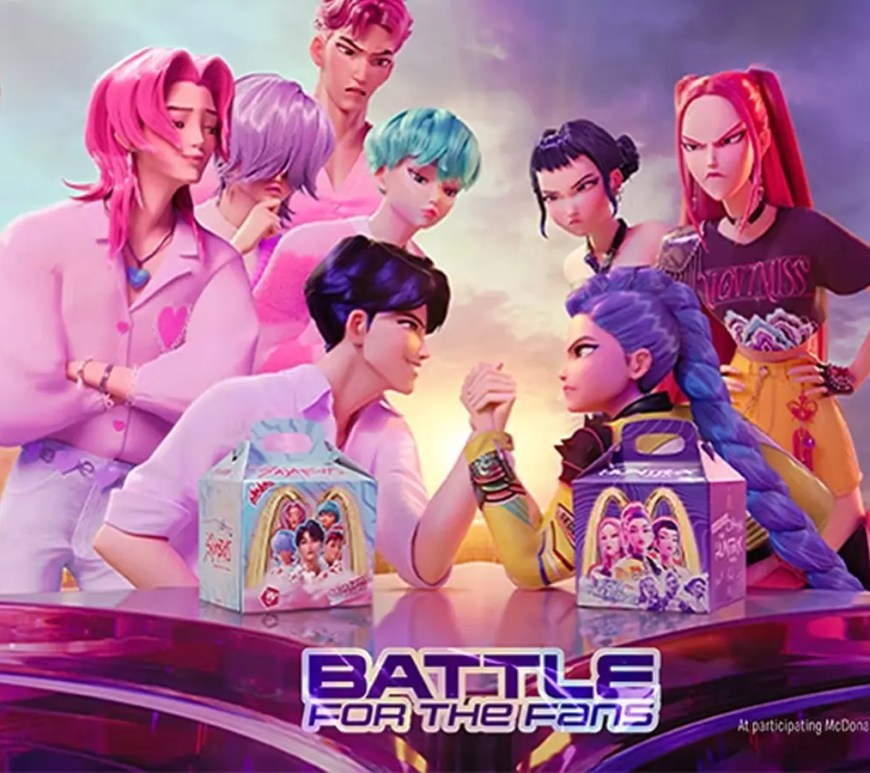 A tray featuring the McDonald's HUNTR/X meal with the purple Demon Sauce and a Rumi photocard.