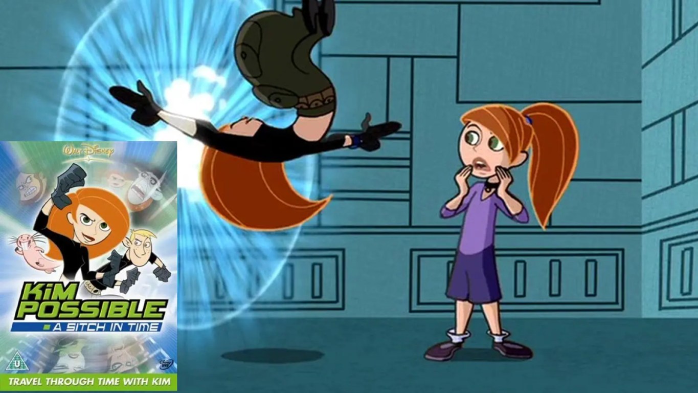Official poster and movie still for Kim Possible: A Sitch in Time (2003) featuring Kim, Ron, and Rufus 3000 against a backdrop of the Past, Present, and Future timelines.