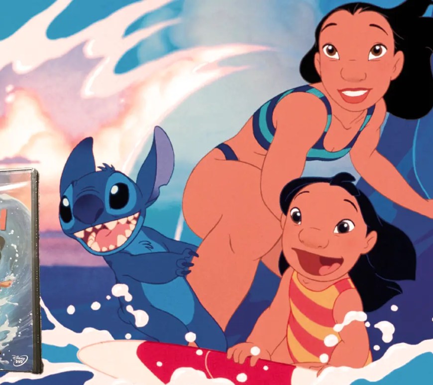Lilo and Stitch sitting on a sandy beach in Kauai with lush watercolor trees and a soft blue ocean in the background.