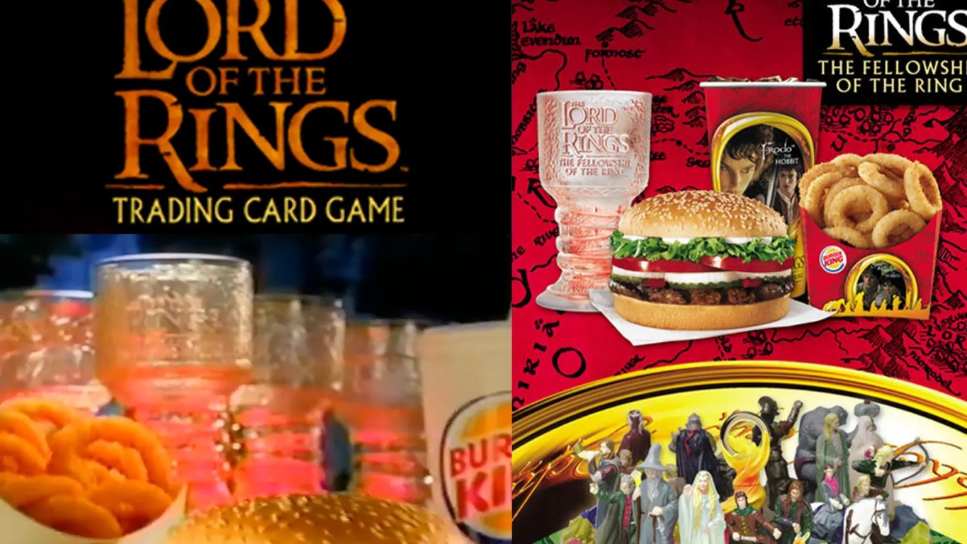 Detailed view of the 2001 Burger King and Lord of the Rings trading card collection with a black cover and orange lettering