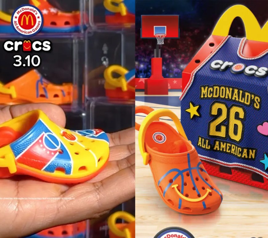 A collection of six McDonald's All-American Game x Crocs mini-clog keychains in basketball-themed colors, featuring jersey and court designs for the 2026 Happy Meal promotion.