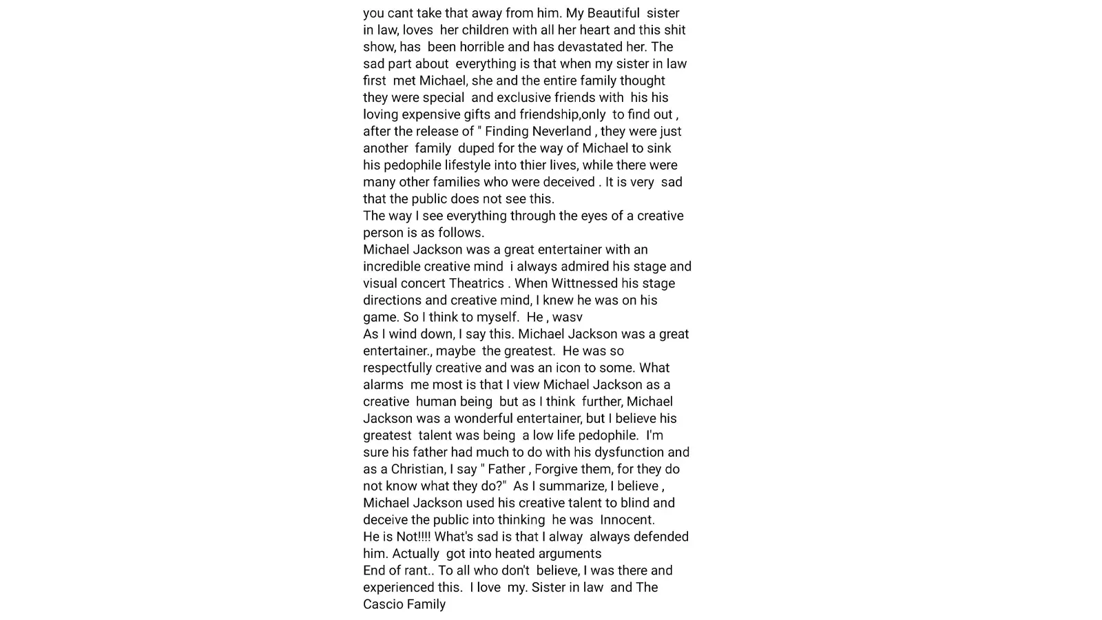 text capture of the Cascio Family's facebook message