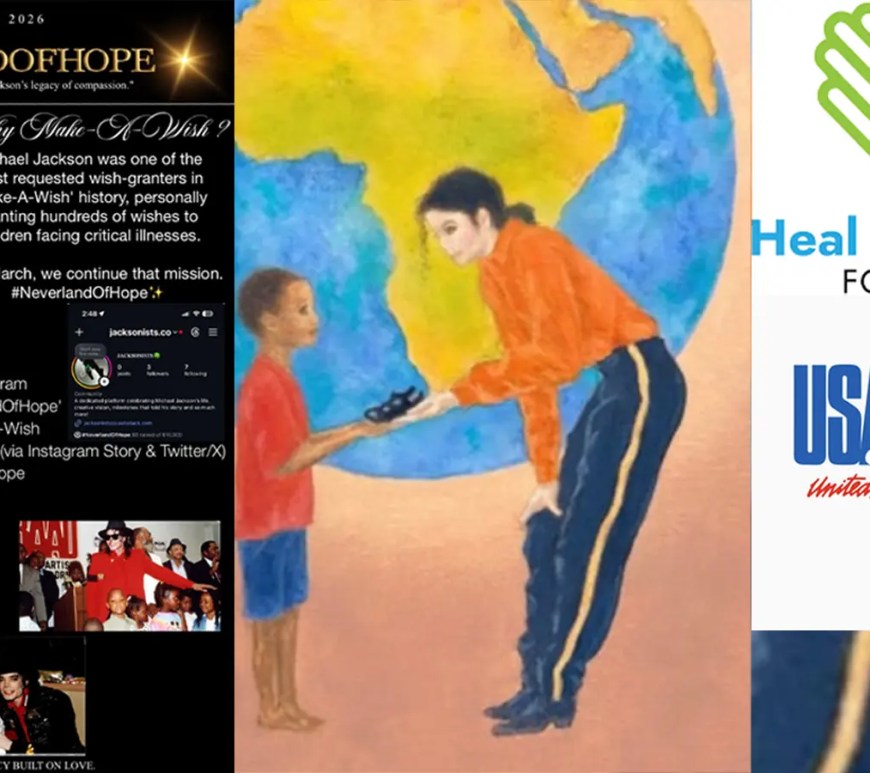 A collage of the Michael Jackson charitable initiative programs, including Heal La, The Elizabeth Taylor Aids Foundation, and more
