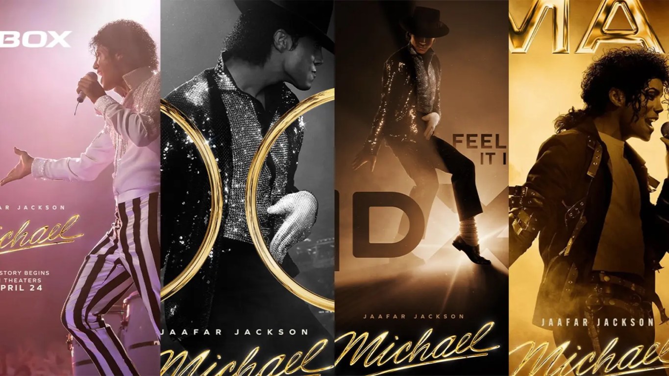 A poster of a massive D-Box film reel for the ‘Michael’ (2026) biopic, showcasing the physical scale of the analog format that provides 18K-equivalent resolution for the stadium concert sequences.