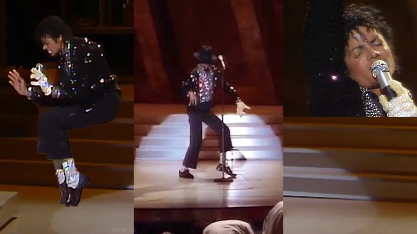 Michael Jackson performing Billie Jean at Motown 25 wearing black sequin jacket and rhinestone glove.