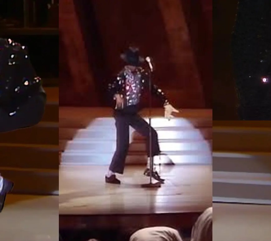 Michael Jackson performing Billie Jean at Motown 25 wearing black sequin jacket and rhinestone glove.
