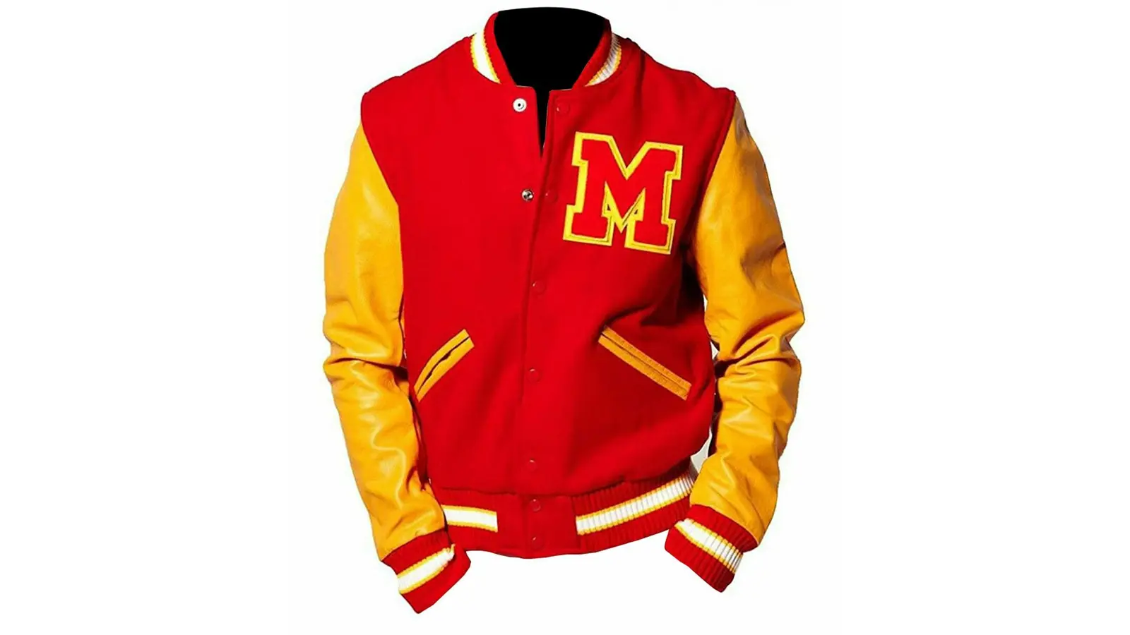 A stock photo of the red and yellow 'M' varsity jacket in the 1983 Thriller music video, highlighting the leather sleeves and wool body construction.