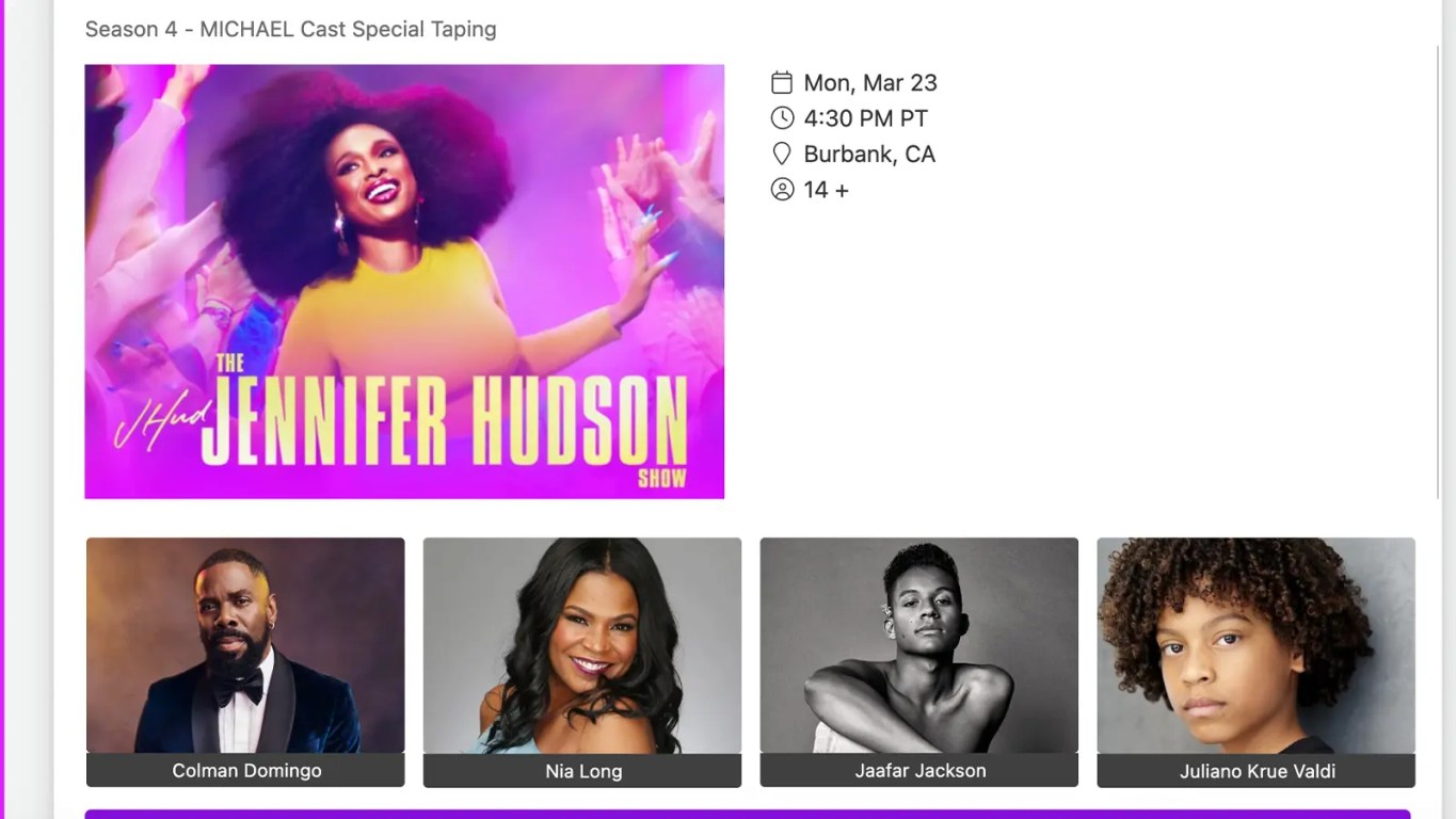 The cast of the 2026 Michael Jackson biopic, 'Michael,' slated to appear on the set of The Jennifer Hudson Show.