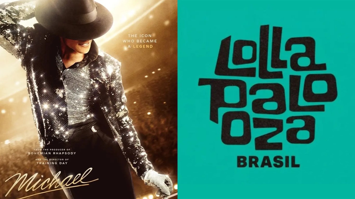 A picture of the 'Michael' movie and Lollapalooza Brasil promotional photos in a collage.