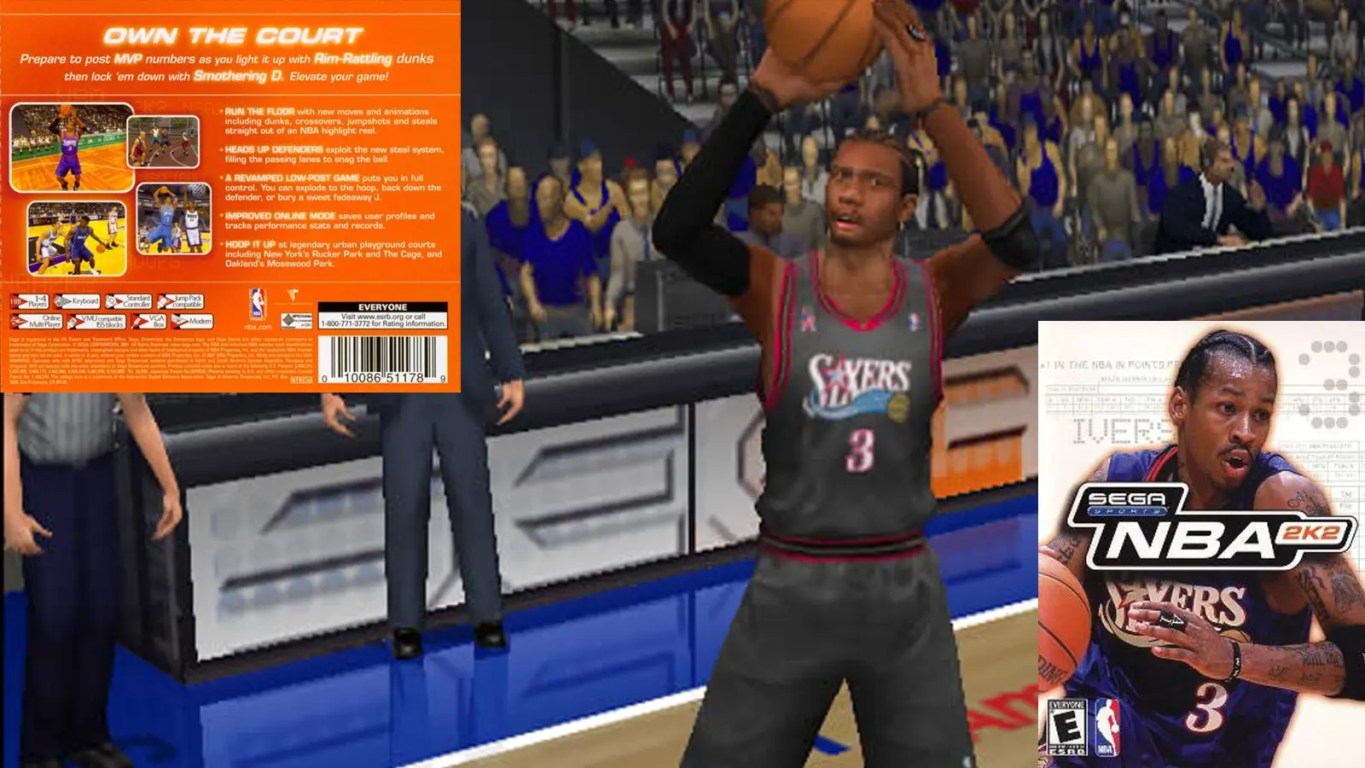 The iconic cover of NBA 2K2 featuring Allen Iverson in his white Philadelphia 76ers jersey, set against the classic Sega Sport blue background, and a gameplay screenshot.