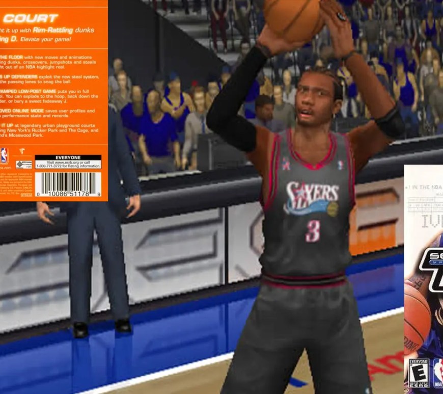 The iconic cover of NBA 2K2 featuring Allen Iverson in his white Philadelphia 76ers jersey, set against the classic Sega Sport blue background, and a gameplay screenshot.