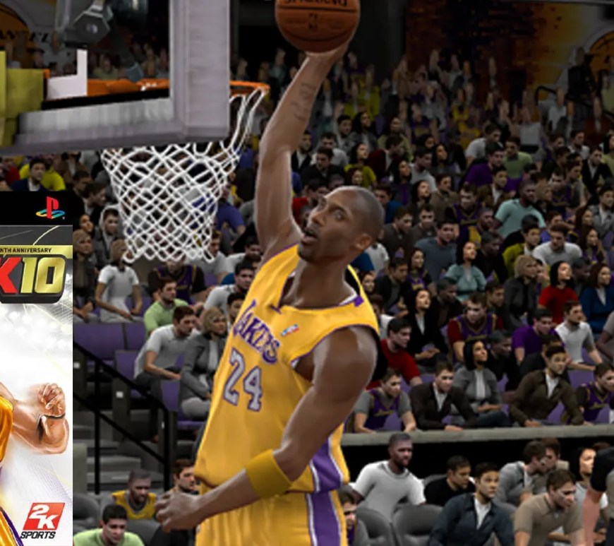 Kobe Bryant on the 10th Anniversary cover of NBA 2K10, featuring the Shepard Fairey designed Studio No. 1 aesthetic and the gold Lakers jersey.