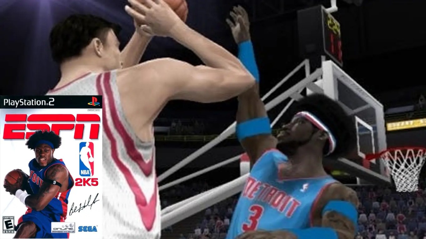 The ESPN NBA 2K5 cover featuring Ben Wallace in the classic Pistons blue jersey and an in-game screenshot.