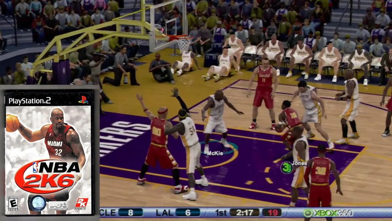 "The cover art of NBA 2K6 featuring Shaquille O'Neal in a Miami Heat jersey, alongside a screenshot of the in-game 'The Crib' and a player using the new Shot Stick mechanic."