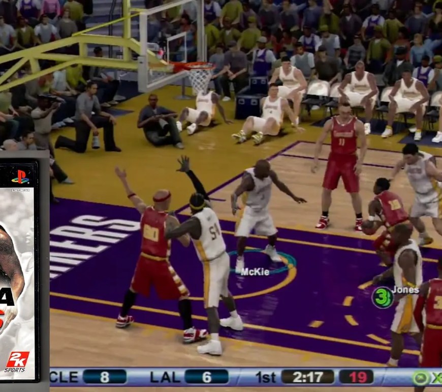 "The cover art of NBA 2K6 featuring Shaquille O'Neal in a Miami Heat jersey, alongside a screenshot of the in-game 'The Crib' and a player using the new Shot Stick mechanic."