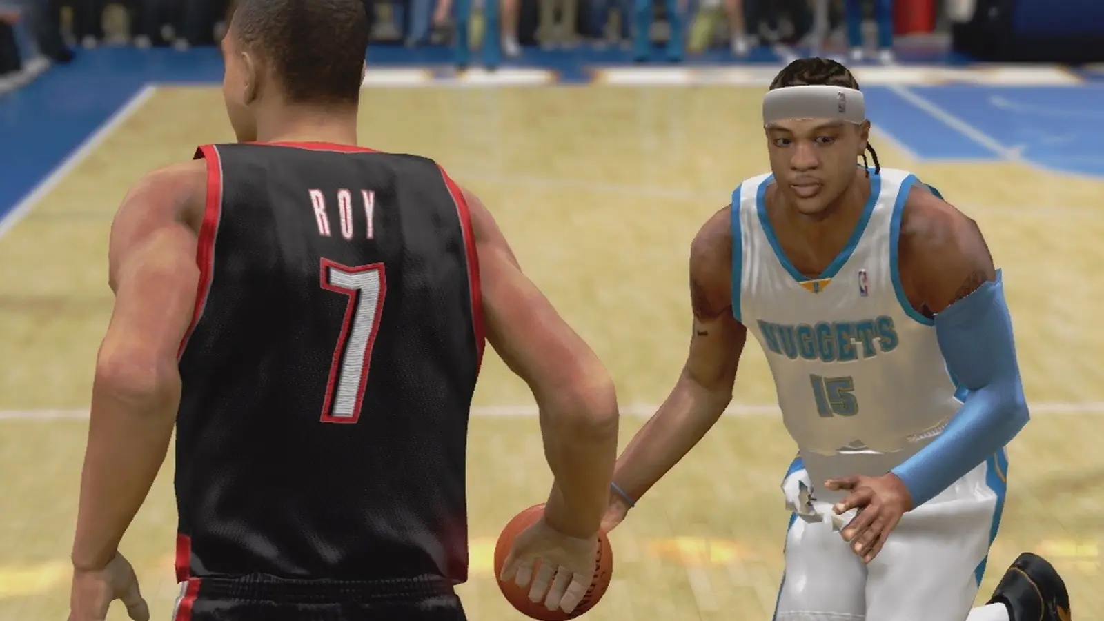 Still of Carmelo Anthony in 'NBA 2K8' circa 2007 wearing a white Denver Nuggets Jersey.