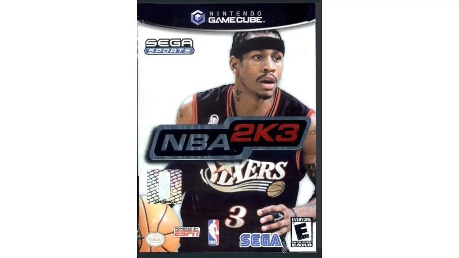 The Allen Iverson NBA 2K3 cover art for the PlayStation 2 featuring the Sega Sports and ESPN logos.