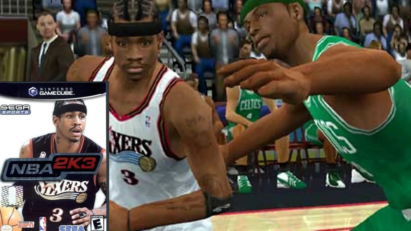 The Allen Iverson NBA 2K3 cover art and game play for the PlayStation 2 featuring the Sega Sports and ESPN logos.