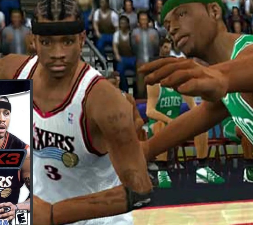 The Allen Iverson NBA 2K3 cover art and game play for the PlayStation 2 featuring the Sega Sports and ESPN logos.