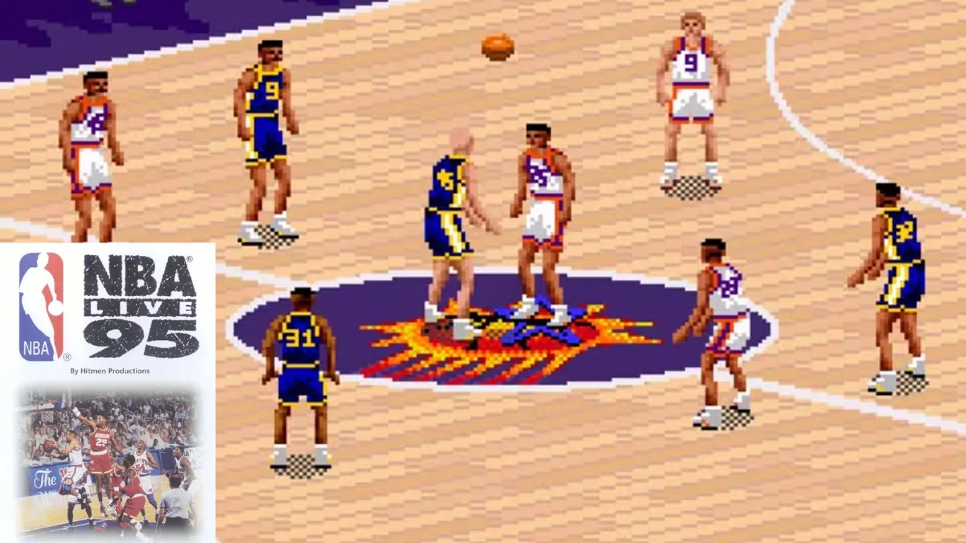 The iconic 16-bit isometric court of NBA Live 95 on the Sega Genesis, showing a fast break.