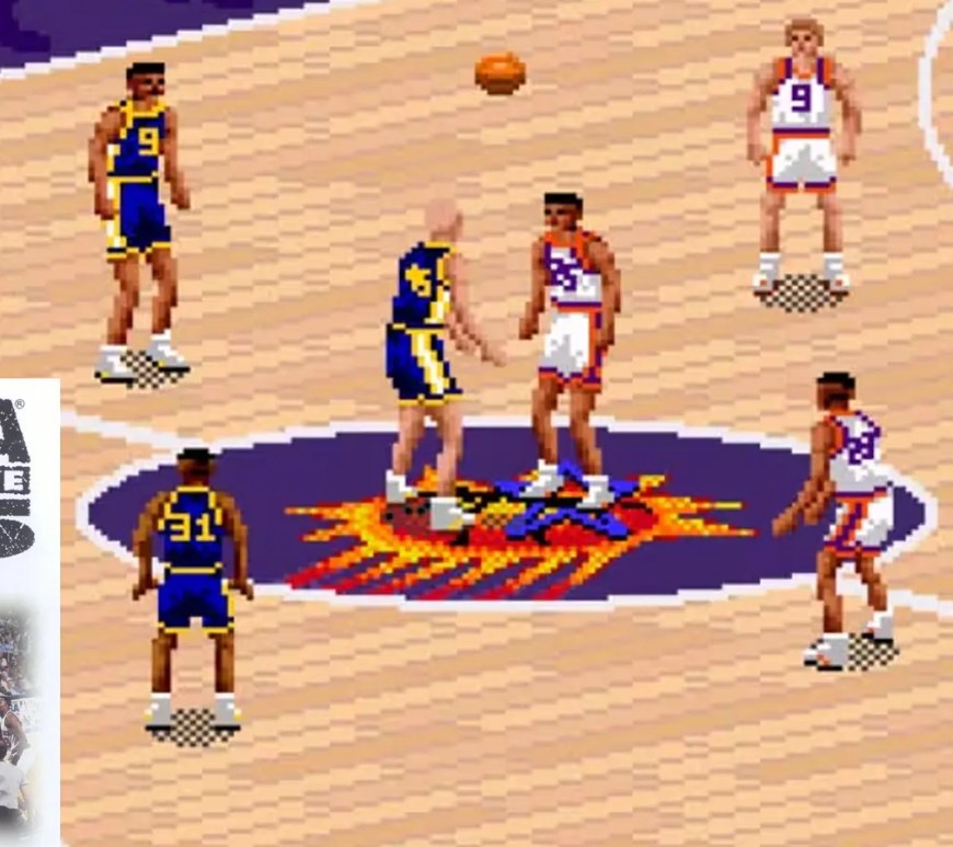 The iconic 16-bit isometric court of NBA Live 95 on the Sega Genesis, showing a fast break.