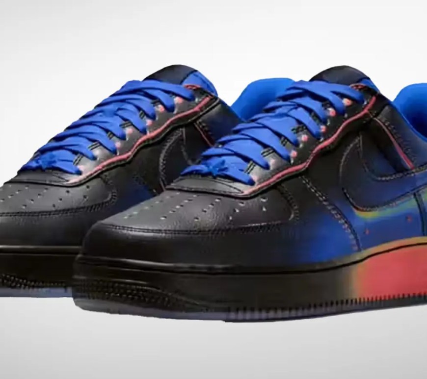 Official profile view of the Nike Air Force 1 Low Heat Map (IB6834-001) featuring a matte black leather upper and a vibrant thermographic gradient on the midsole and heel.
