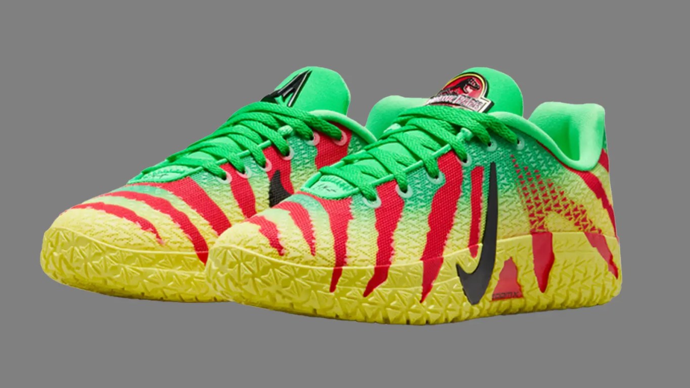 Technical product shots of the Nike Ja 3 'Jurassic Park' collection in Anthracite and Green Spark, highlighting the T-Rex logo and the tour-vehicle inspired livery.