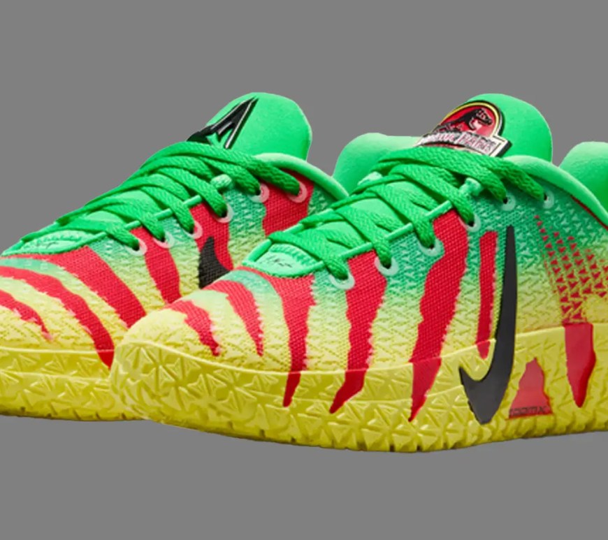 Technical product shots of the Nike Ja 3 'Jurassic Park' collection in Anthracite and Green Spark, highlighting the T-Rex logo and the tour-vehicle inspired livery.