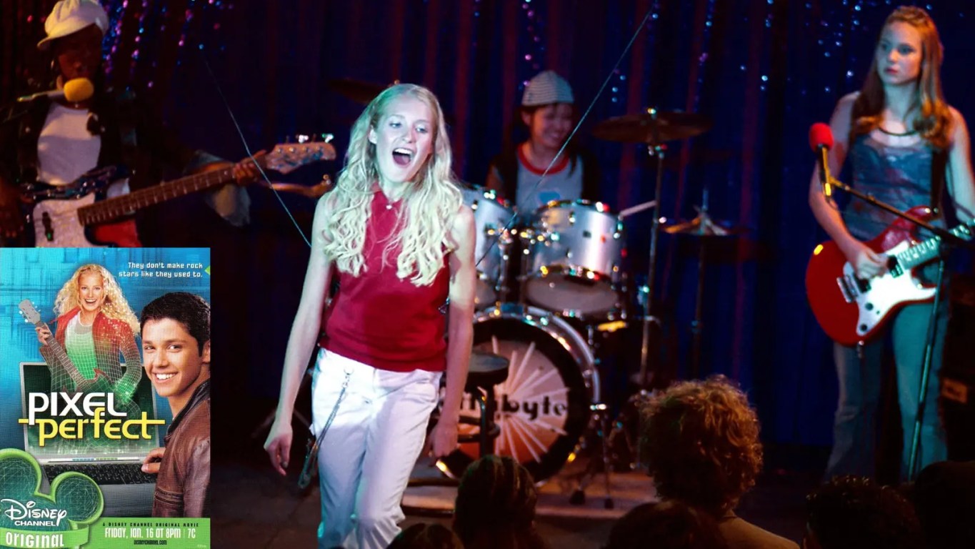 The emotional final scene of Pixel Perfect (2004) showing Samantha performing an acoustic song as hologram Loretta Modern.