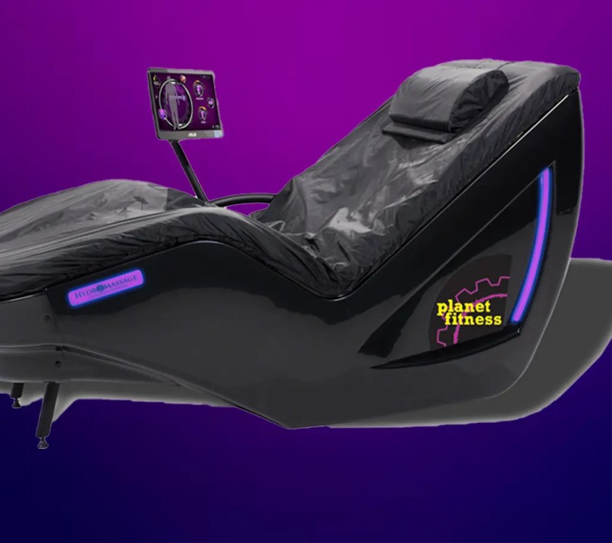 UConn guard Azzi Fudd demonstrating the HydroMassage Lounge at the Planet Fitness Black Card Spa ahead of March Madness 2026.