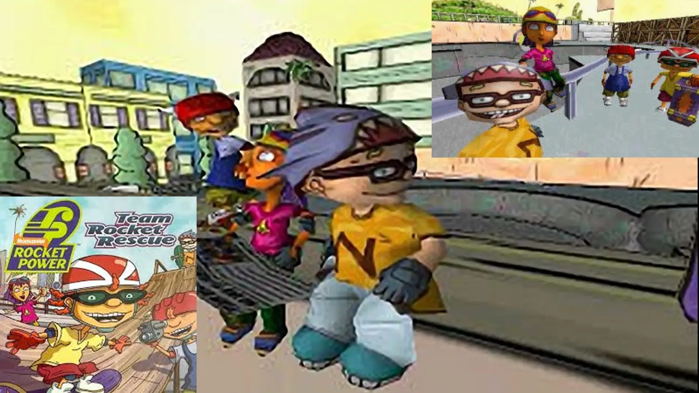 A screenshot of Mad Town in the Rocket Power video game, showing the low-poly 32-bit extreme sports environment.