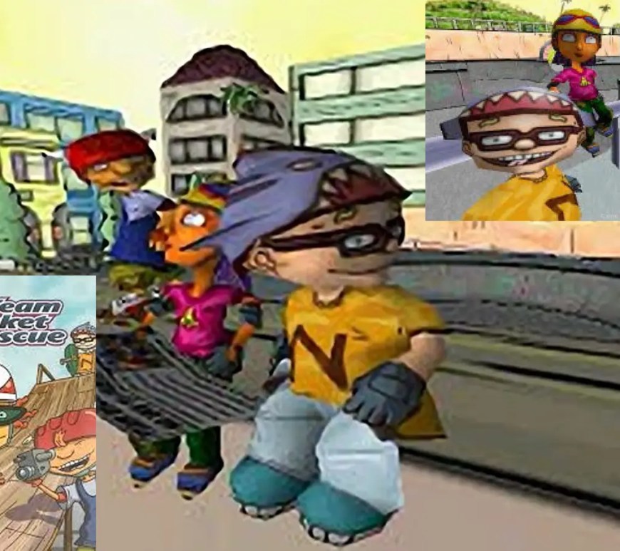 A screenshot of Mad Town in the Rocket Power video game, showing the low-poly 32-bit extreme sports environment.
