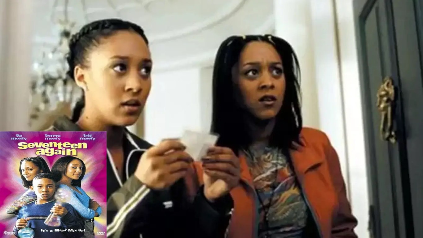 "The movie poster for 'Seventeen Again' (2000) featuring Tia, Tamera, and Tahj Mowry, with a split-screen showing the grandparents as their older and younger selves."