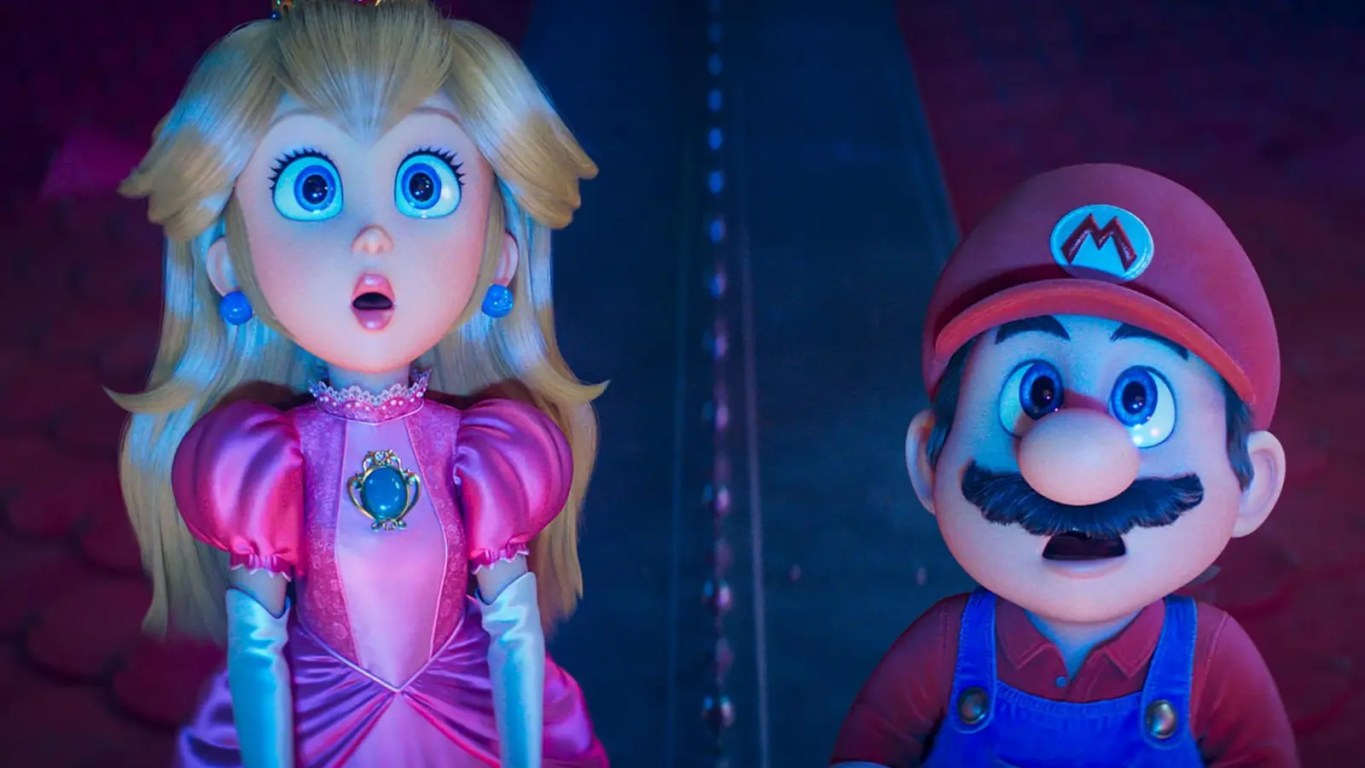 Mario and Princess Rosalina in the Super Mario Galaxy Movie featuring iridescent gown textures and ethereal lighting in the Comet Observatory library.