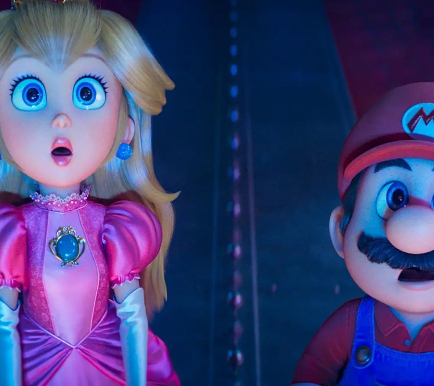 Mario and Princess Rosalina in the Super Mario Galaxy Movie featuring iridescent gown textures and ethereal lighting in the Comet Observatory library.