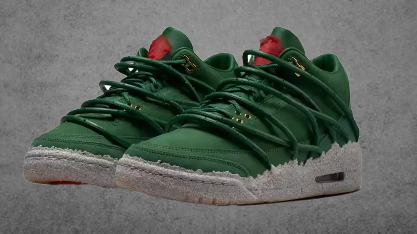 A technical profile of the Teyana Taylor x Air Jordan 3 'Concrete Rose,' showcasing the modular TPU thorn-vine overlays wrapping the Fir green premium leather upper and the cragged, 3D-textured concrete midsole.