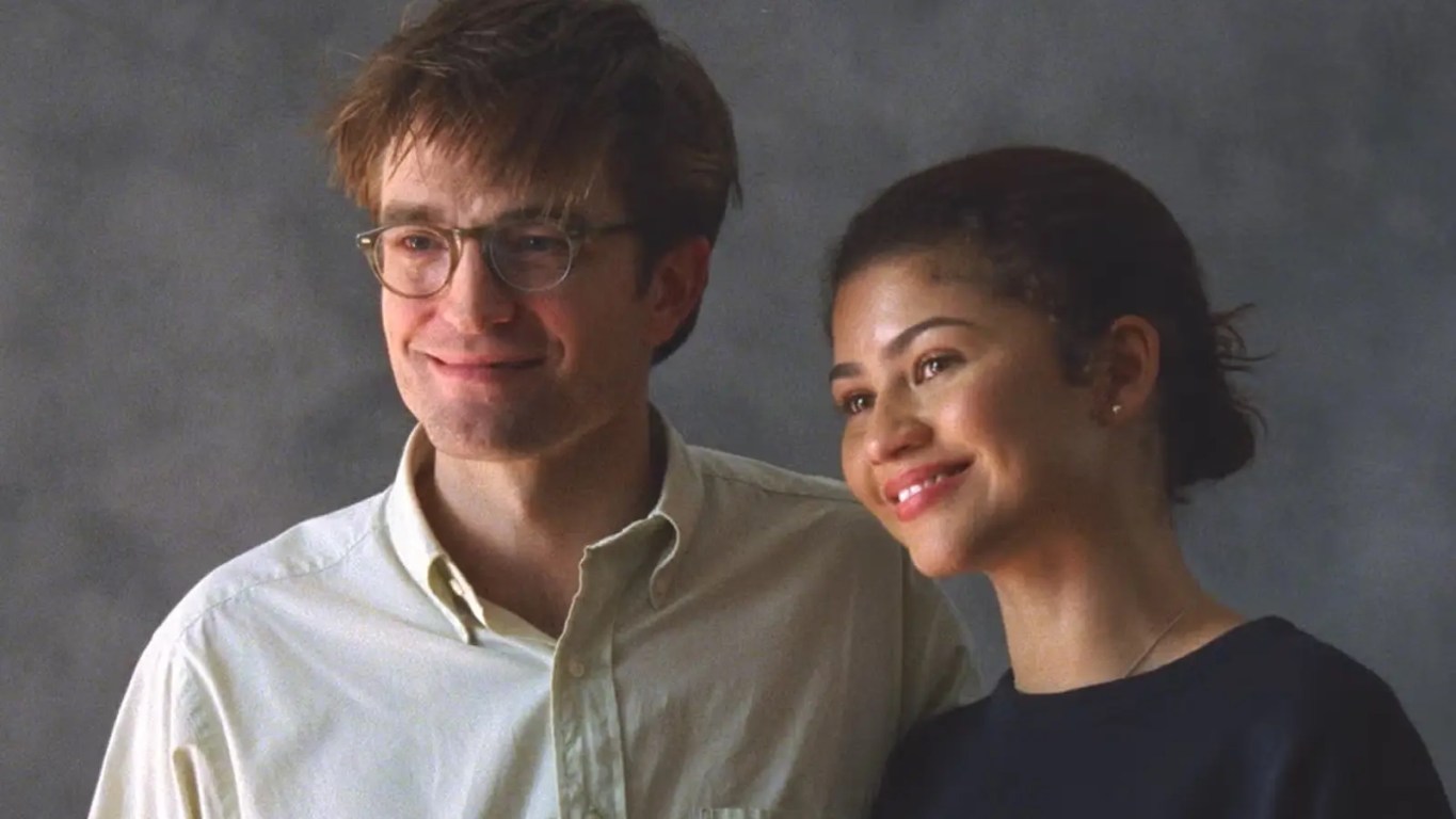 Zendaya and Robert Pattinson in a tense close-up shot from A24's 'The Drama' (2026), directed by Kristoffer Borgli.