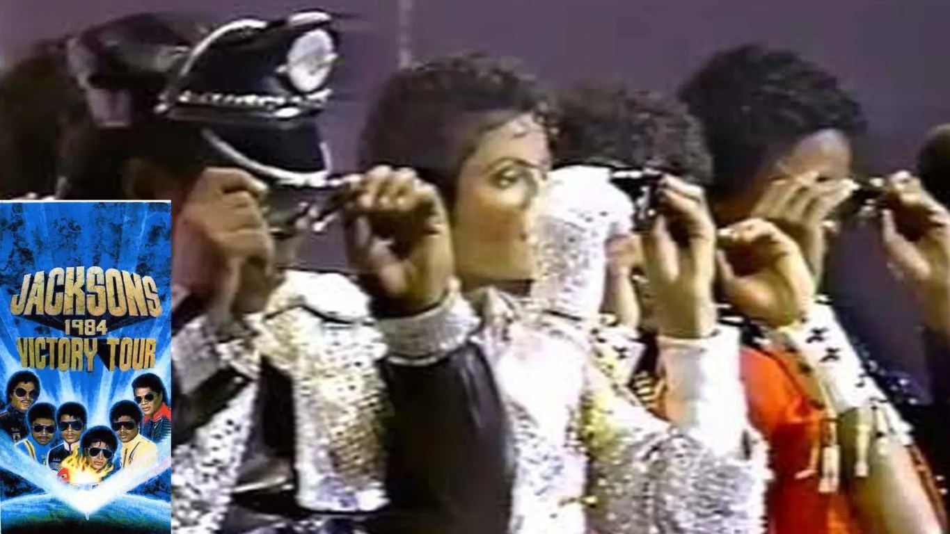 alt="Michael Jackson and the Jacksons performing on the five-story 365-ton Victory Tour stage in 1984.