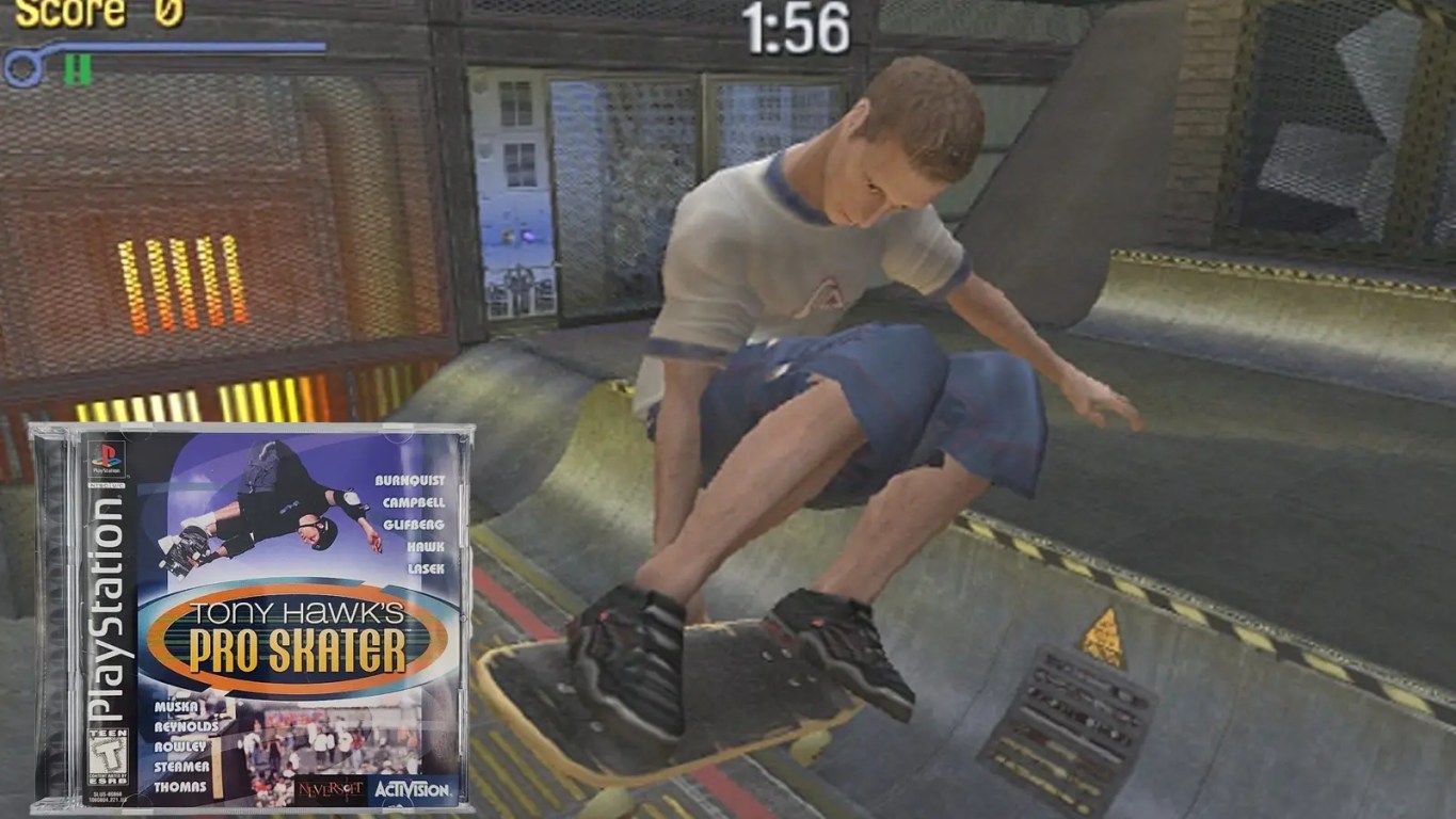 Tony Hawk performing a mute grab on the original Tony Hawk's Pro Skater cover art (1999).