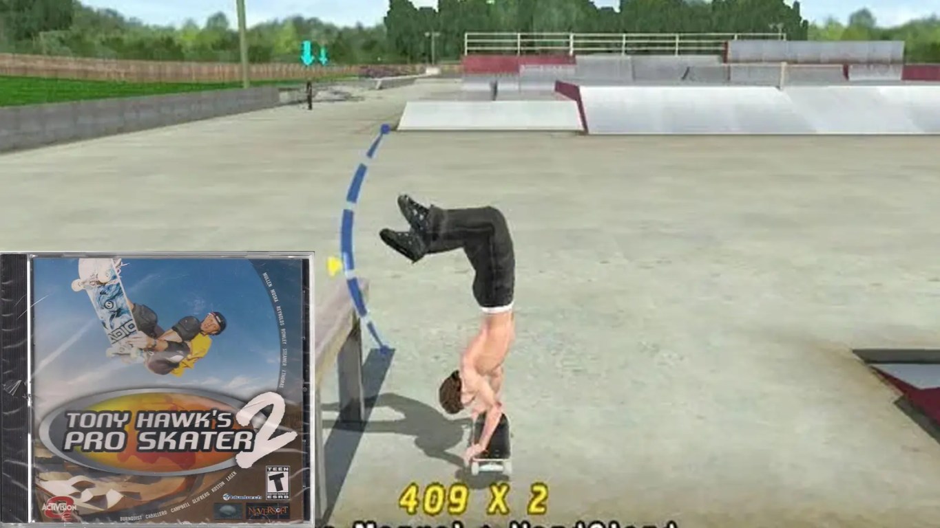 The iconic cover art for Tony Hawk’s Pro Skater 2 (2000) featuring Tony Hawk mid-air performing a trick. The background showcases the industrial aesthetic of the game's levels, with the 'Neversoft' and 'Activision' logos visible. Below it, a gameplay screenshot shows the 'Manual' balance meter in action during a high-score combo in the Hangar level.