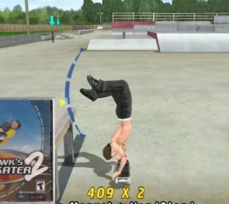 The iconic cover art for Tony Hawk’s Pro Skater 2 (2000) featuring Tony Hawk mid-air performing a trick. The background showcases the industrial aesthetic of the game's levels, with the 'Neversoft' and 'Activision' logos visible. Below it, a gameplay screenshot shows the 'Manual' balance meter in action during a high-score combo in the Hangar level.
