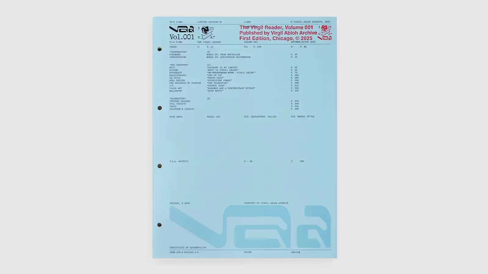 The Virgil Reader Vol. 001 and the Virgil Abloh Archive™ logo, marking the launch of the public membership and 20,000-piece design database.