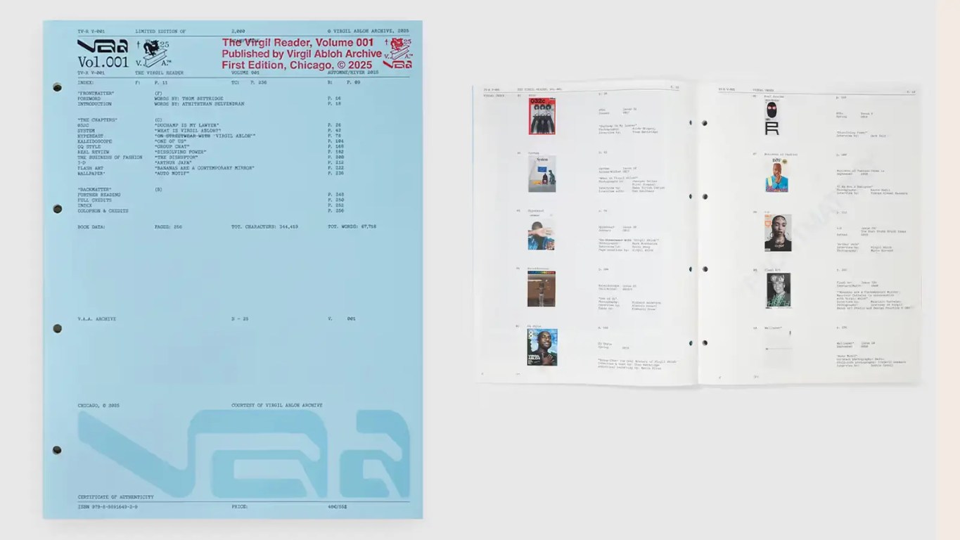 The Virgil Reader Vol. 001 collage and the Virgil Abloh Archive™ logo, marking the launch of the public membership and 20,000-piece design database.