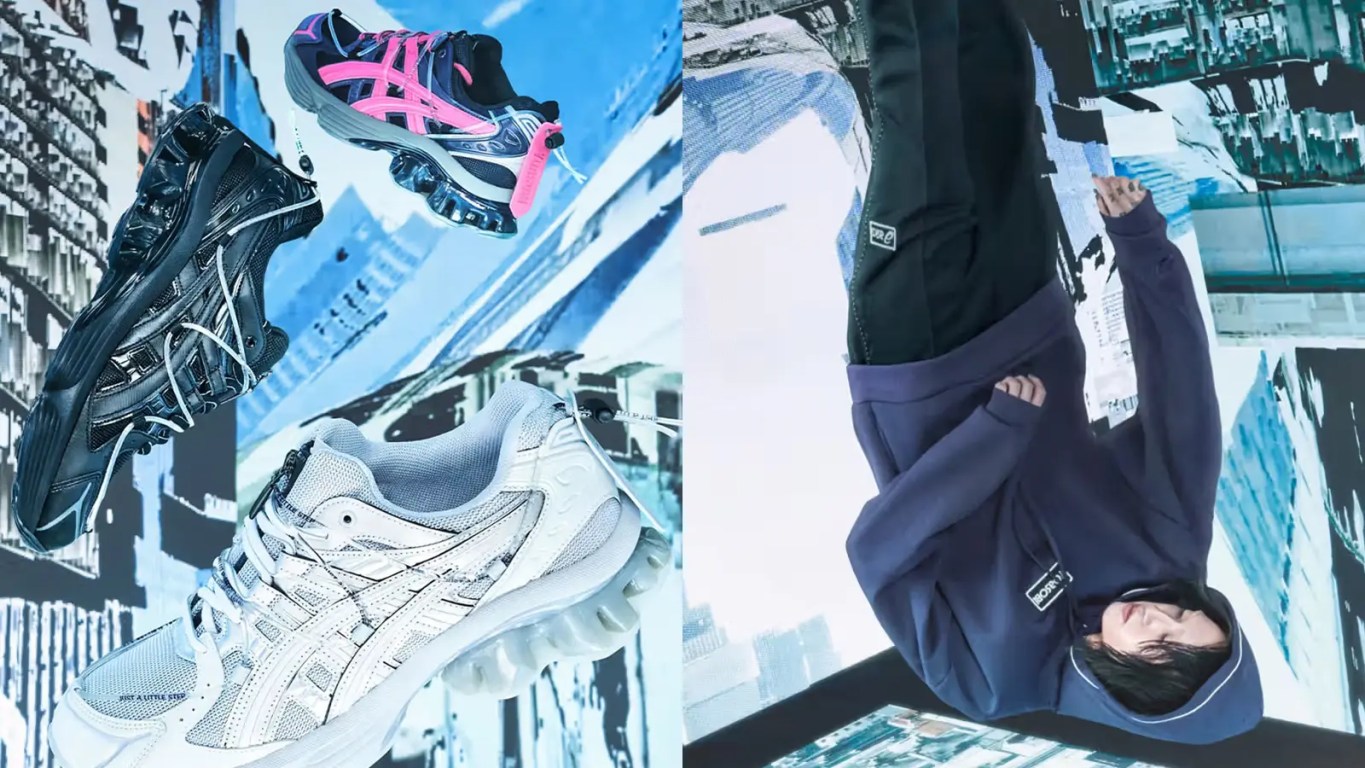 A high-resolution group shot of the YOASOBI x ASICS Gel-Kayano 14 collection in three colorways—white, black, and black/pink—showcasing the dual-branding and modified drawstring heel system.
