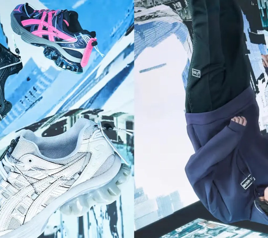 A high-resolution group shot of the YOASOBI x ASICS Gel-Kayano 14 collection in three colorways—white, black, and black/pink—showcasing the dual-branding and modified drawstring heel system.