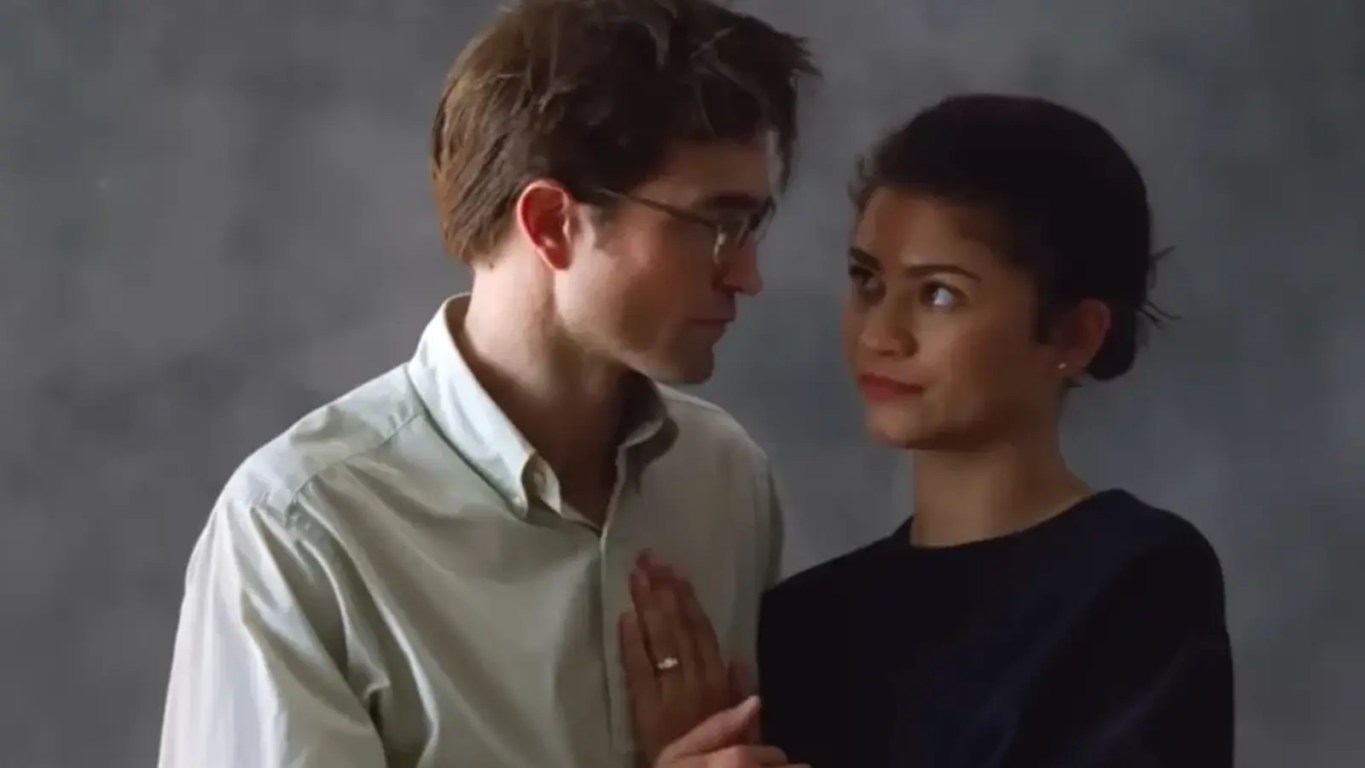Stylized graphic for 'The Drama' (2026) featuring Robert Pattinson and Zendaya, capturing the film’s psychological tension.