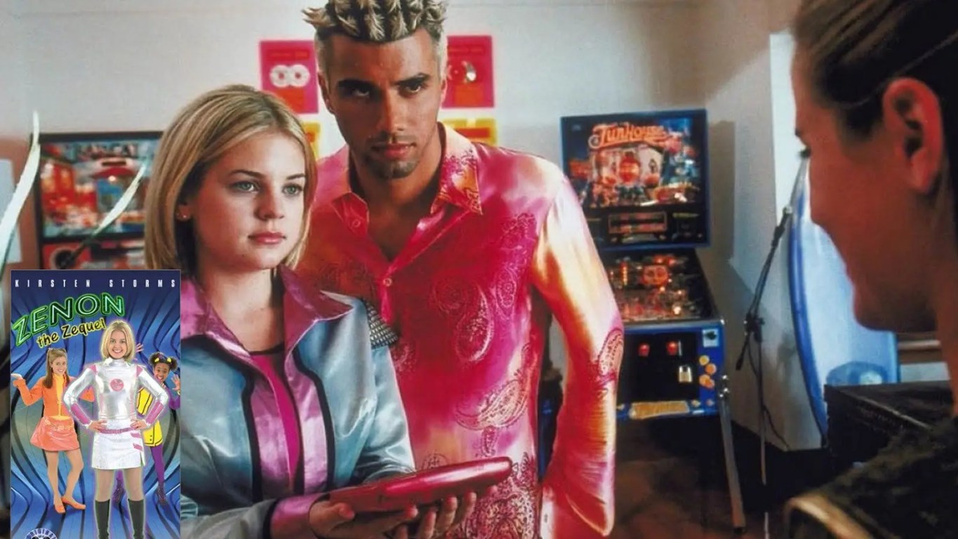 Kirsten Storms as Zenon Kar and Shadia Simmons as Nebula Wade in their metallic 2001 'Zequel' outfits, looking at a Zap-Pad in the Alien Patrol lab.