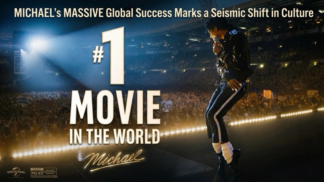 Seismic Shift in Culture: Jaafar Jackson, portraying Michael Jackson in the film MICHAEL, stands on a stadium stage in a black outfit with white socks and black shoes, illuminated by bright lights as a massive crowd cheers and holds signs. The promotional-style image emphasizes the film’s global success and cultural impact.